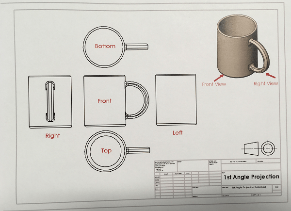 Engineering drawings of a mug