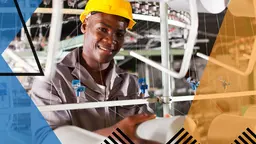 Man smiling and working in a manufacturing setting. Overlayed with Make UK branding