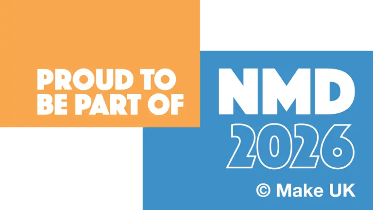 "Proud to be part of NMD 2026" in blue and white on a black and orange background.