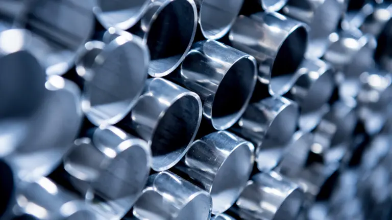 Close-up of polished silver tubes in a pile.