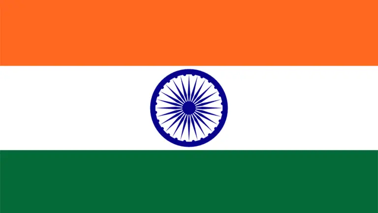 India flag with a blue wheel centered on a white band between an orange and green band