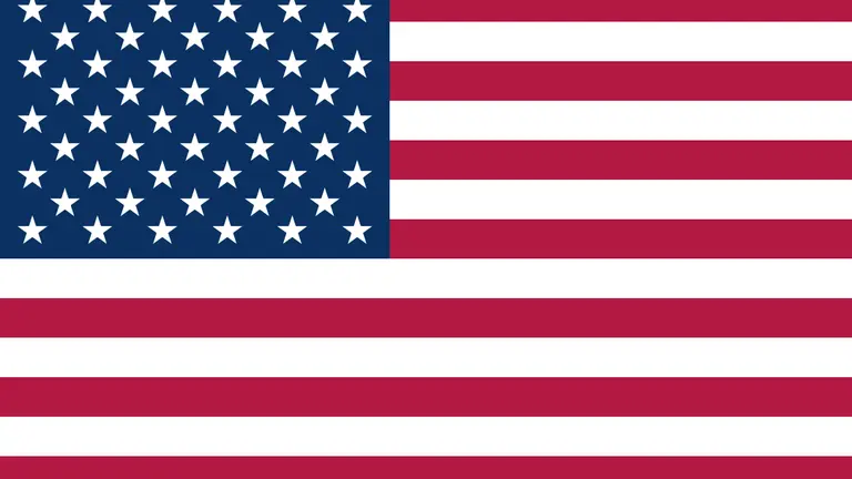 United States flag with 50 white stars on blue rectangle and 13 red and white stripes