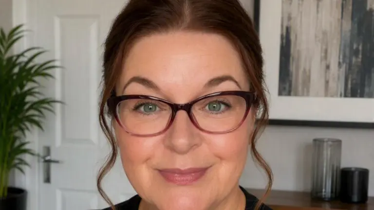 A woman wearing glasses and a black shirt smiles at the camera.