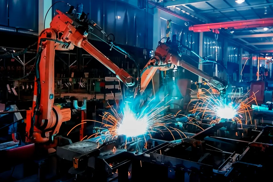 Image of a robot arm welding with sparks
