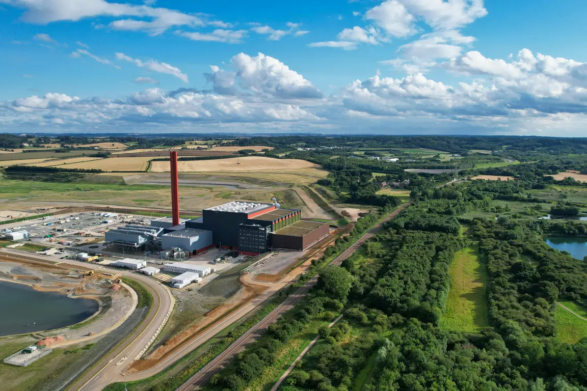 Birds-eye view of a factory in Bedfordshire, England