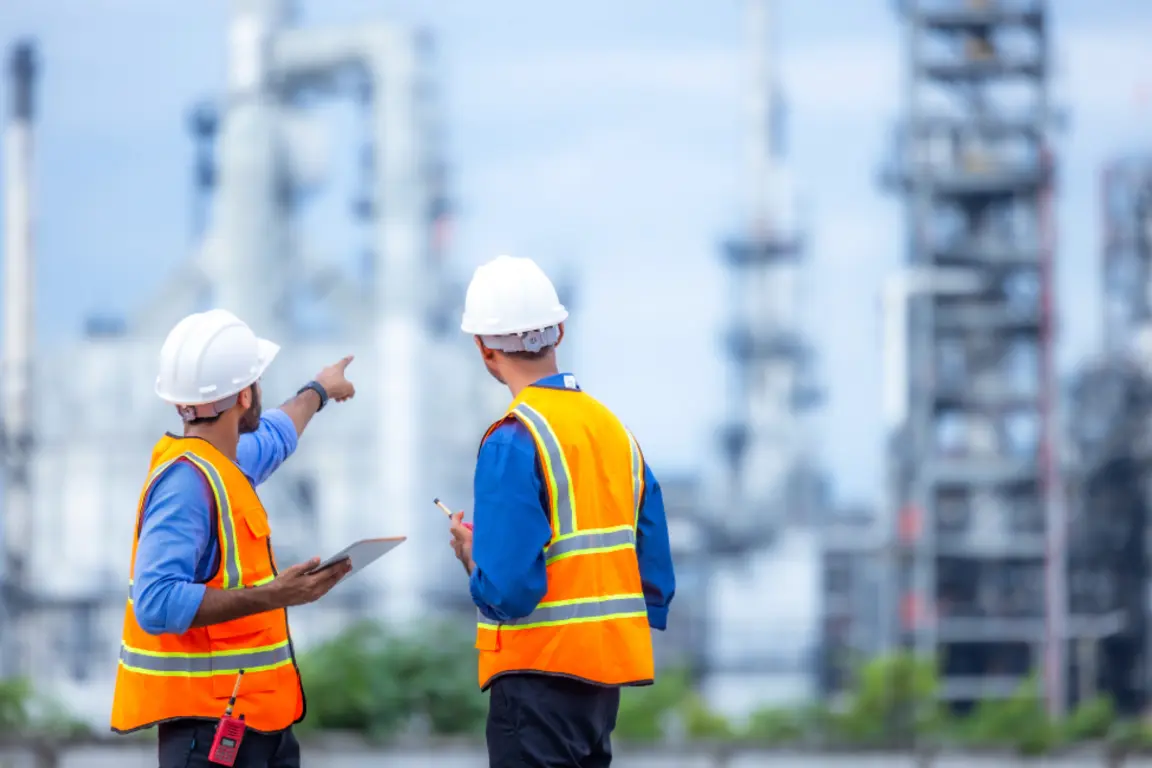 Men in hardhats examine energy plant