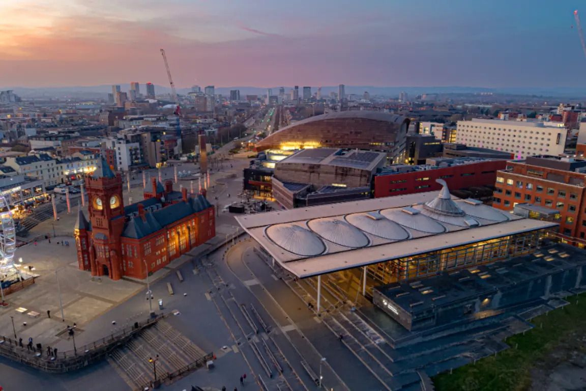 Aerial view of The Senedd, Cardiff Bay and greater Cardiff area