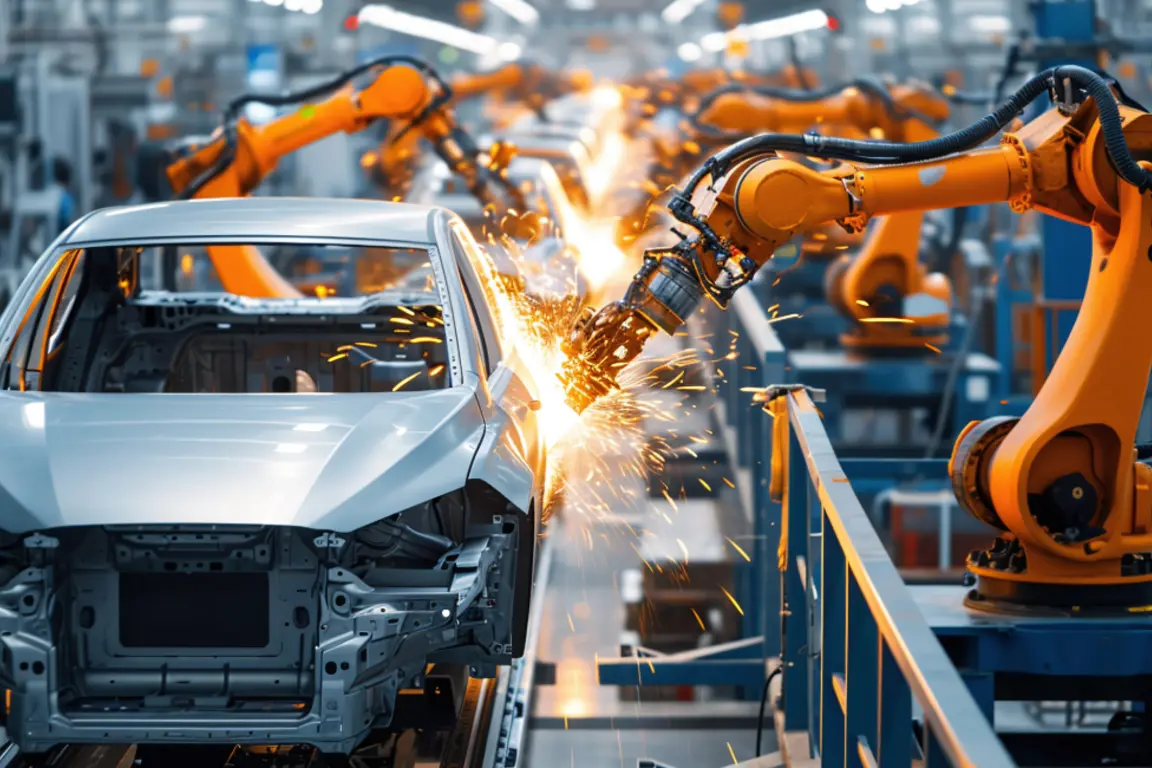 Robotic arms on car manufacturing assembly line