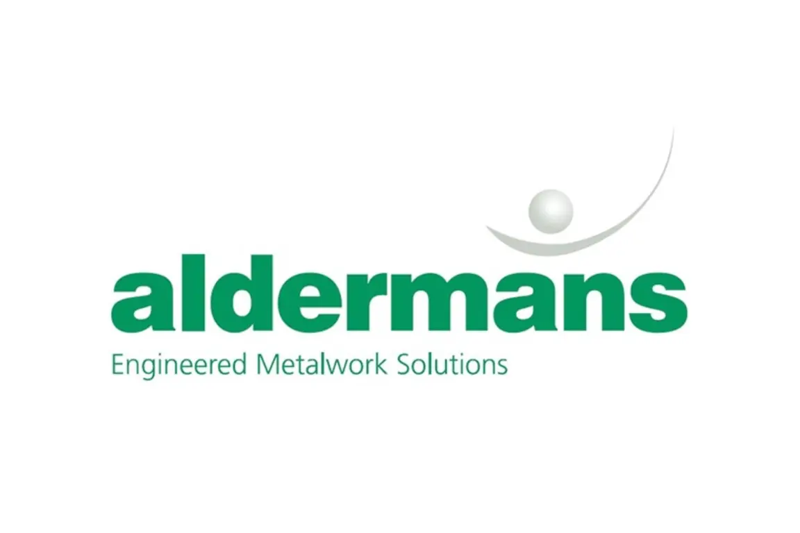 Logo for Aldermans featuring a person's silhouette with a globe and text "Engineered Metalwork Solutions".