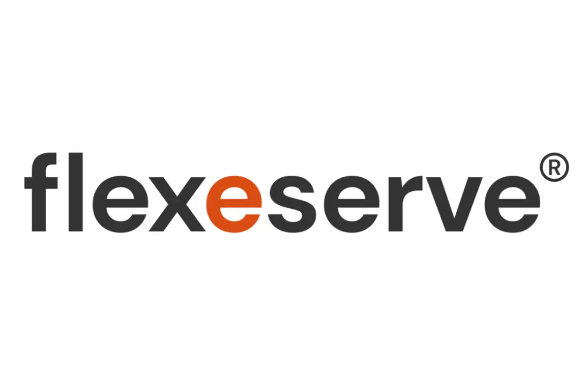 Logo for flexeserve, with text in black and a red dot in the "o"