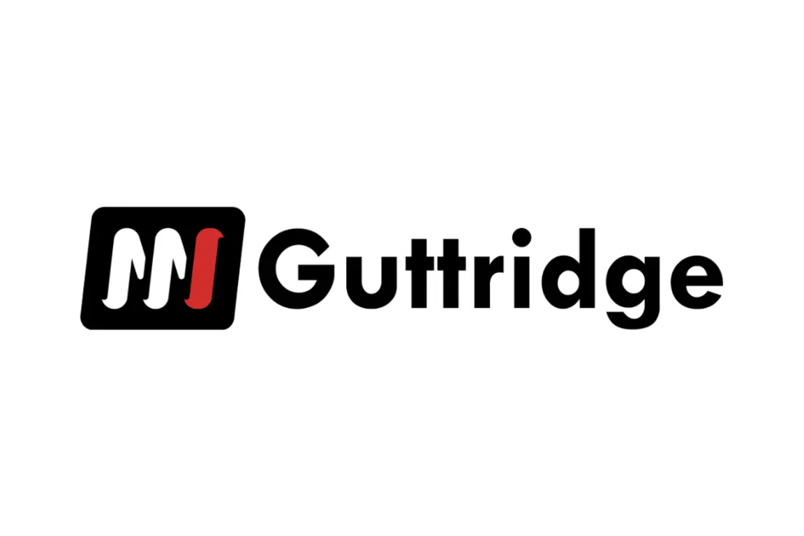 Guttridge logo with a black square and red M