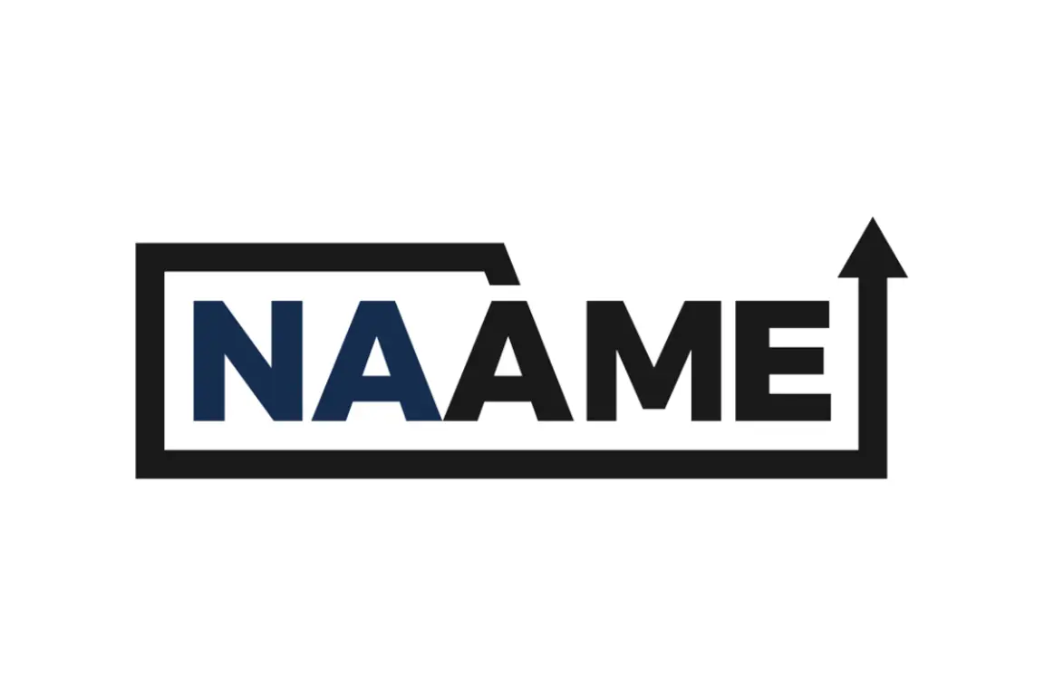 NAAME logo in blue with an arrow pointing upward