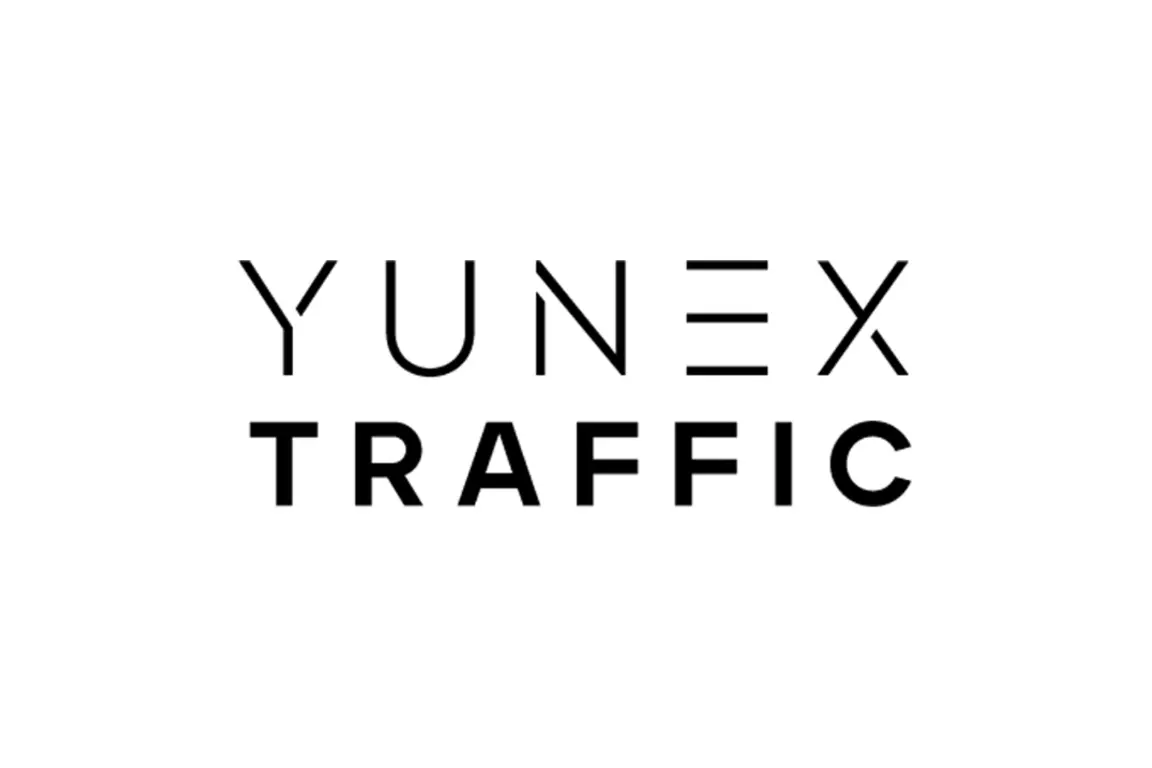 Yunex Traffic written in black on a white background
