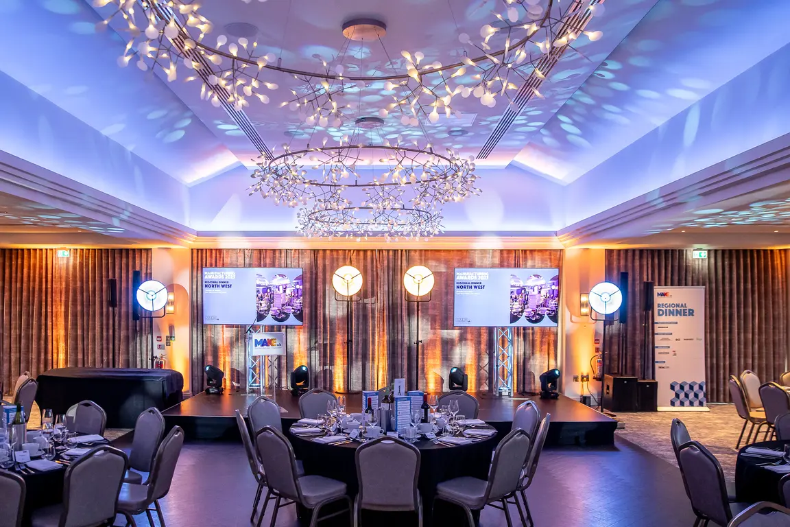 Banquet hall with round tables, chandelier, and large screens on the wall.