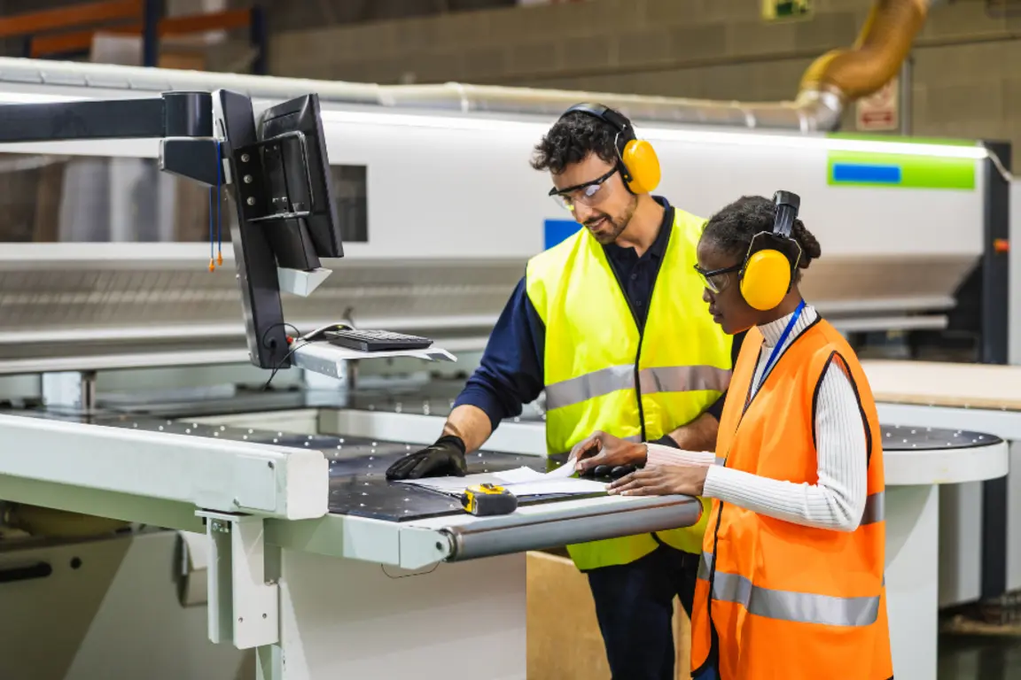 Two workers, one a young apprentice use machinery to cut material