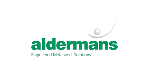 Logo for Aldermans featuring a person's silhouette with a globe and text "Engineered Metalwork Solutions".