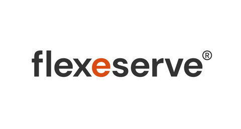 Logo for flexeserve, with text in black and a red dot in the "o"