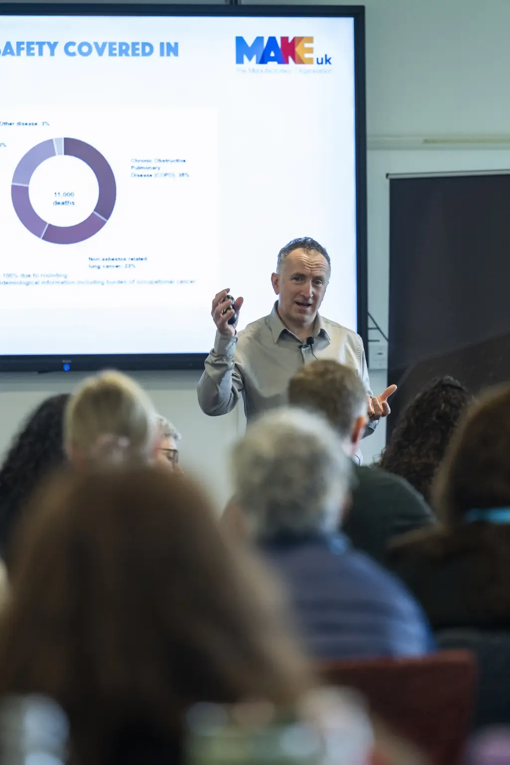 A man giving a EHS presentation to an audience in a room.
