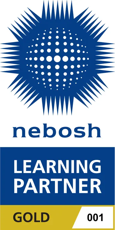 Nebosh Learning Partner Gold badge featuring blue circular design and "001" number.