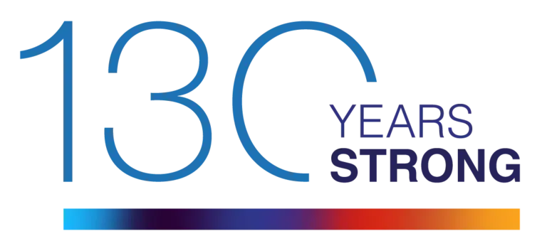 Make UK 130 Years Strong logo with a multicolored stripe.