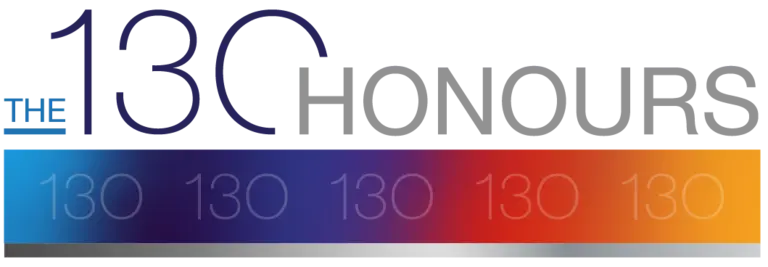 "13C Honours" logo with five 130s in rainbow colors below.