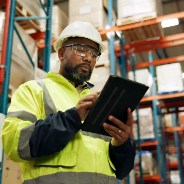 Man on a tablet device checking goods in a warehouse.