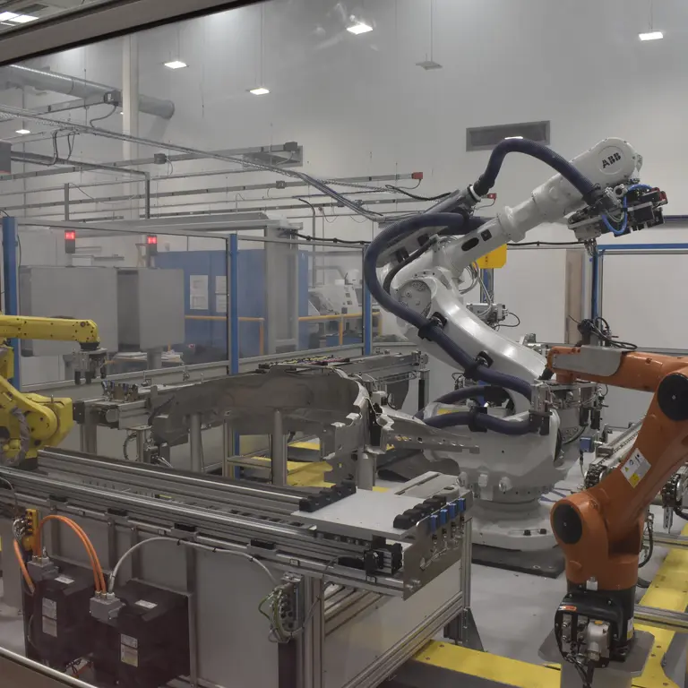 Industrial robotic arms working on a production line inside a factory.